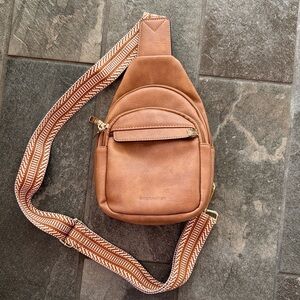 Camel brown Crossbody Sling Bag with Patterned Strap